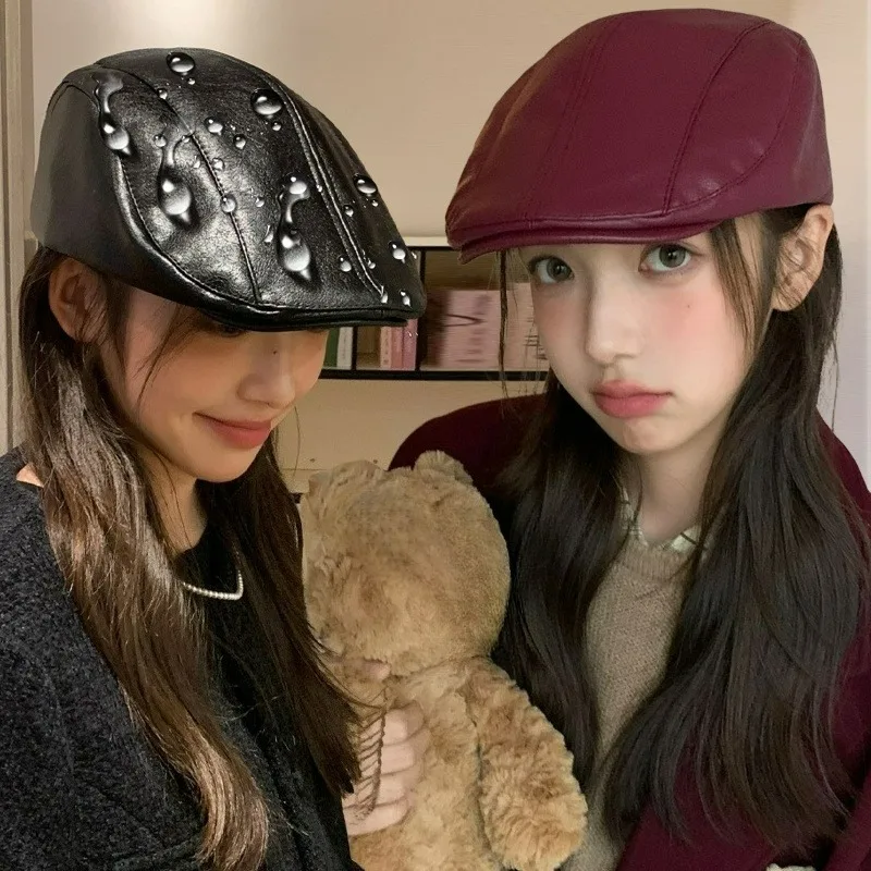 

Vintage PU Leather Beret for Men Women Retro Unisex Hat British Style Punk Cap Lightweight Waterproof Outings Winter Leather Hat