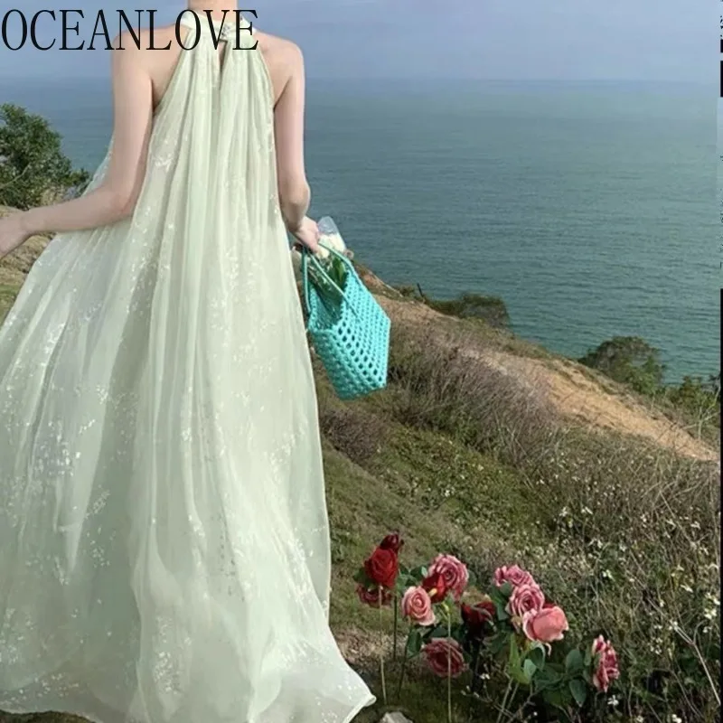 OCEANLOVE Beach Style Women Dresses Solid Halter Sleeveless A-line Sweet Vestidos Largos Spring Summer Fashion Long Dress