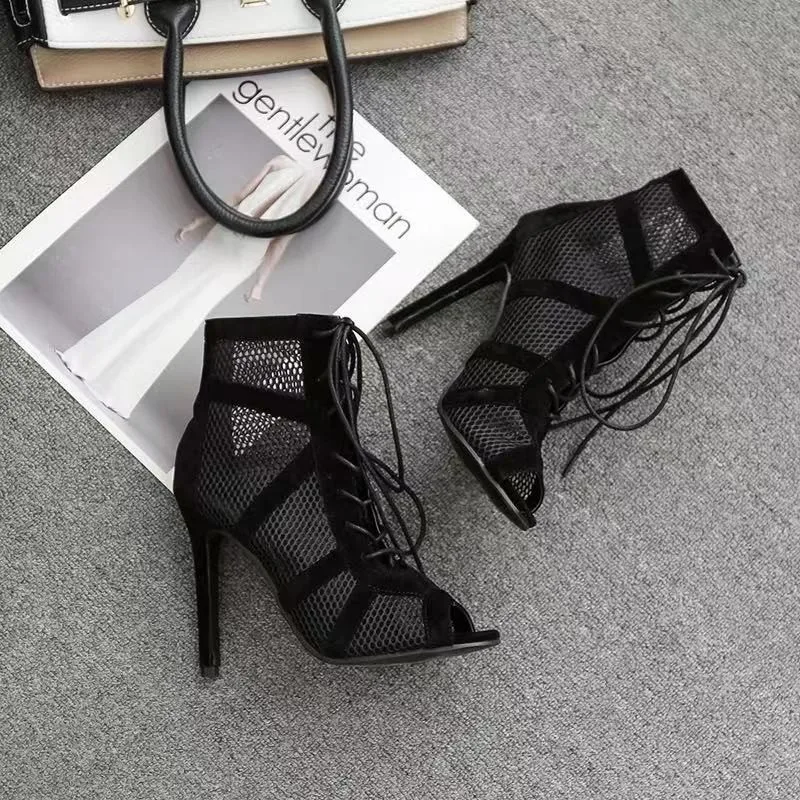 Sexy High Heels Hollow Mesh Sandals Women Summer Cross-tied Peep Toe Heeled Sandals Ankle Strap Dance Shoes Black Net Sandals