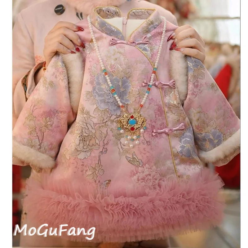 

01-Winter Style Girls' New Chinese Style Peony Fleece-Lined Thickened National Style Dress New Year Outfit Floral Butterfly Danc