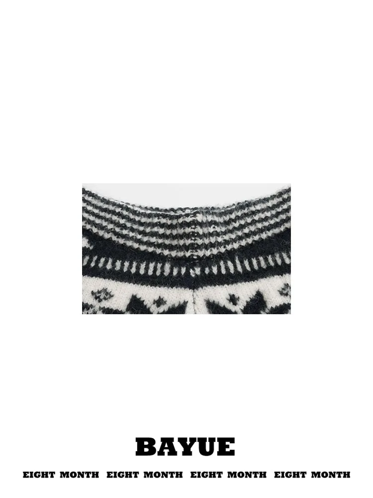 High Waist Knitted Floral Embroidery Casual Pants Women's Autumn Winter Loose BF Lazy Style Seven-Foot Sweater Shorts