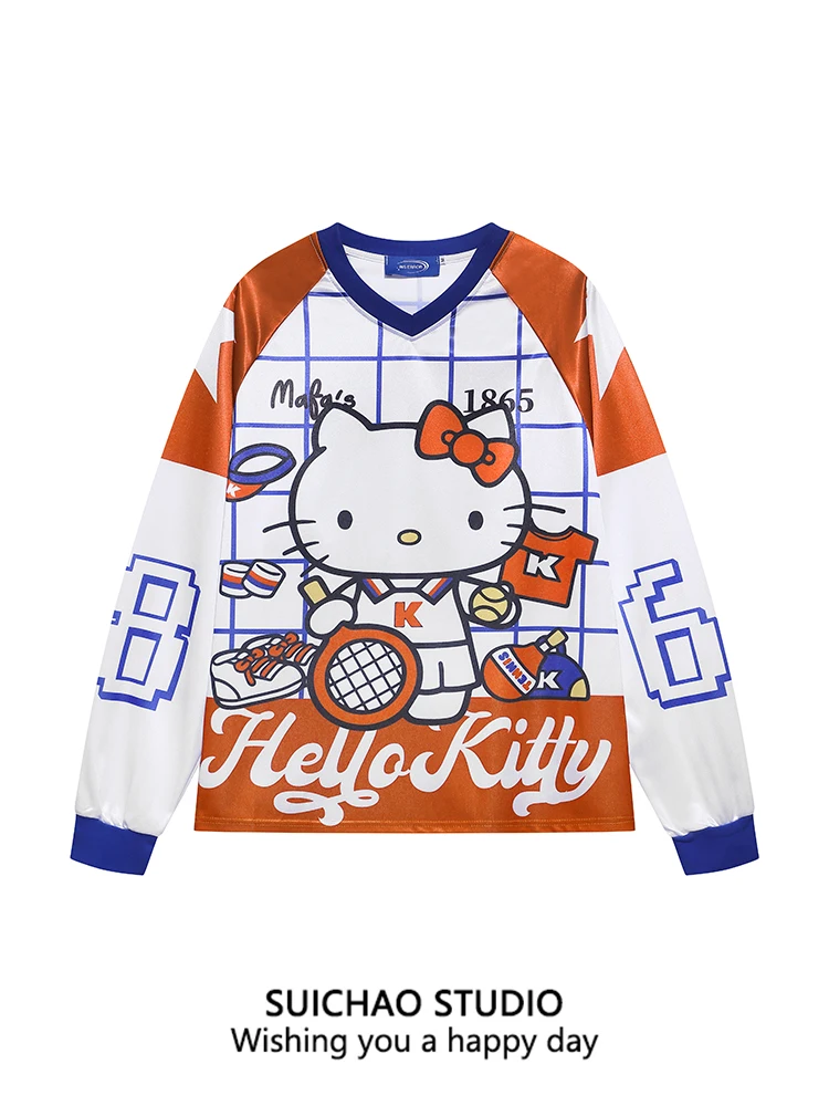 

Спортивная футболка Suichao Original Trendy Brand с мультяшным принтом KT, свободного кроя, с длинным рукавом, в американском ретро-стиле, из полиэфирного волокна