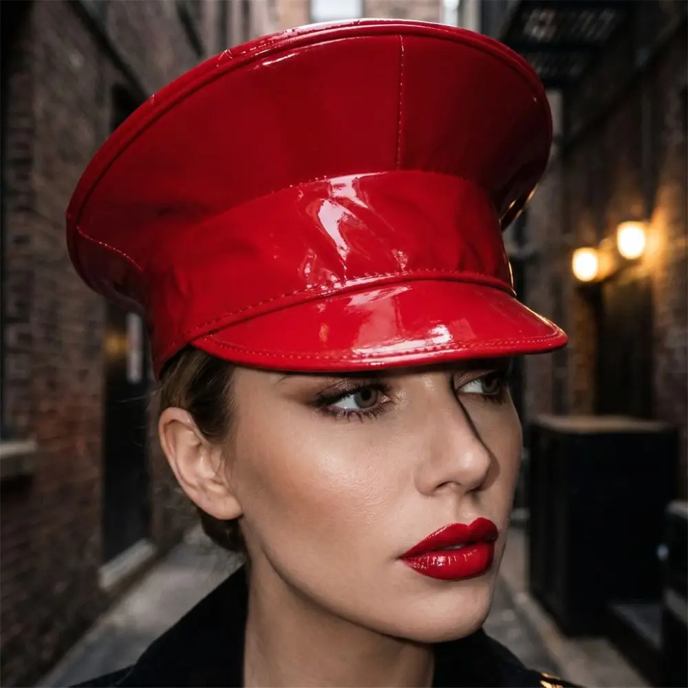 Brim Caps PU Leather Laser Hats UV Protection Waterproof Leather Beret Flat Caps Sunscreen Baseball Cap Festival Events