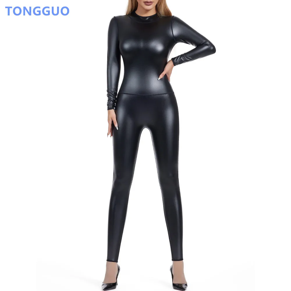 Women Shapewear Seamless Body Shaper High Elastic Bodysuit Woman PU Back Zipper Catsuit Costume Nightclub Dance Leather Jumpsuit