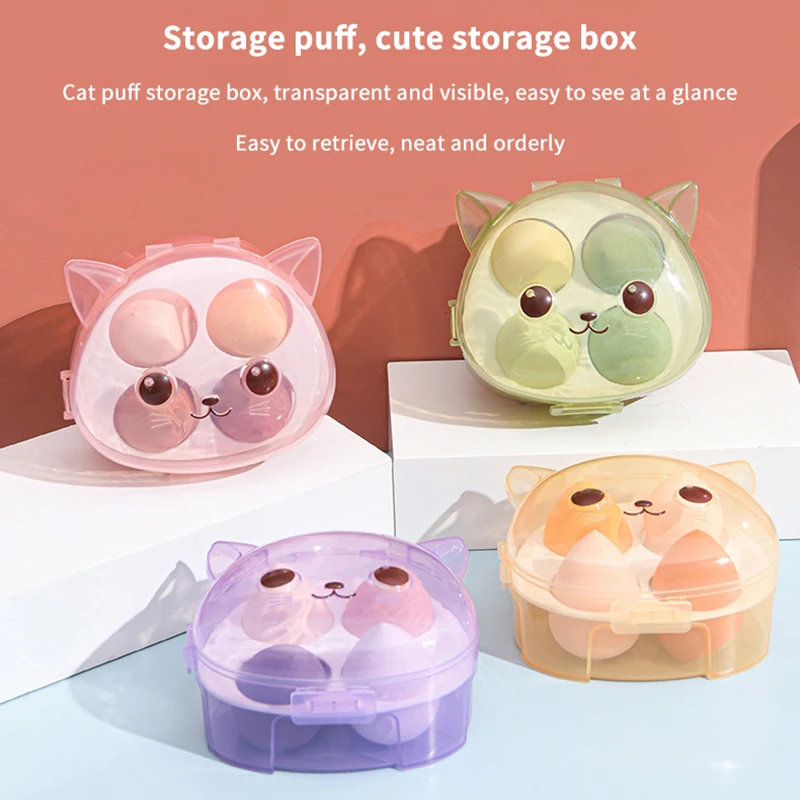 New Cat Shape Makeup Egg Storage Box Set Powder Puff Easy To Carry Powder Puff Egg Storage Makeup Supplies Makeup Sponge