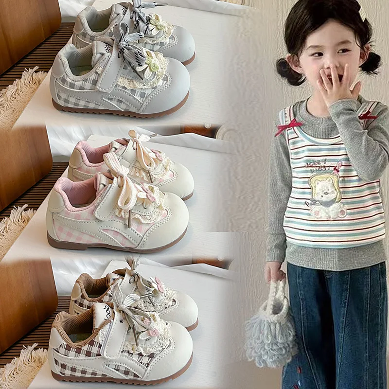 Girls Sneakers Autumn Lace Ruffle Bow Decor Casual Shoes Soft Sole Checkered Board Shoes for Big Kids