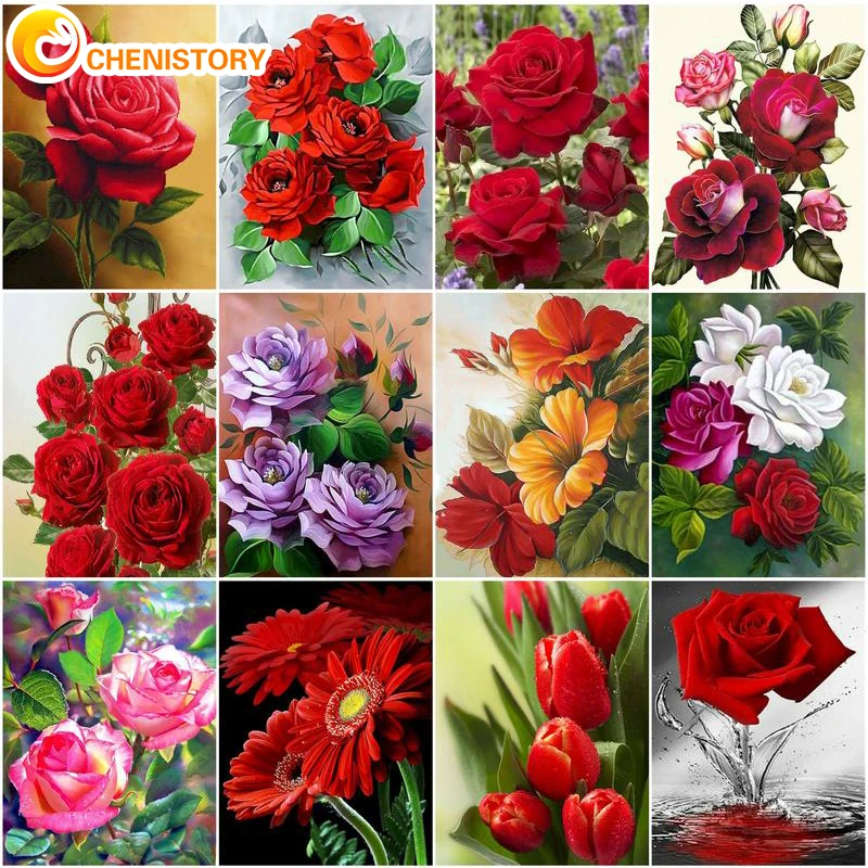 CHENISTORY Paint By Numbers For Adults DIY HandPainted Red Flowers Oil Painting Home Decoration Canvas Painting Wall Art Gift