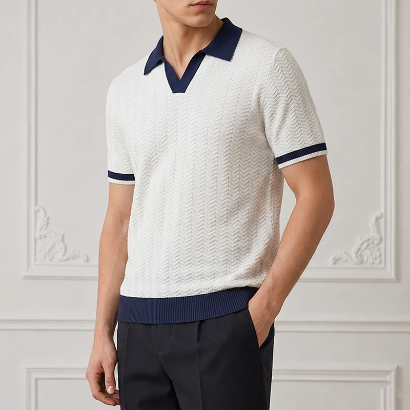 Men's Ice Silk Knit Polo Shirts Summer Light Business Vintage Classics Lapel Contrast Color Slim T-Shirt Comfortable Soft Polo
