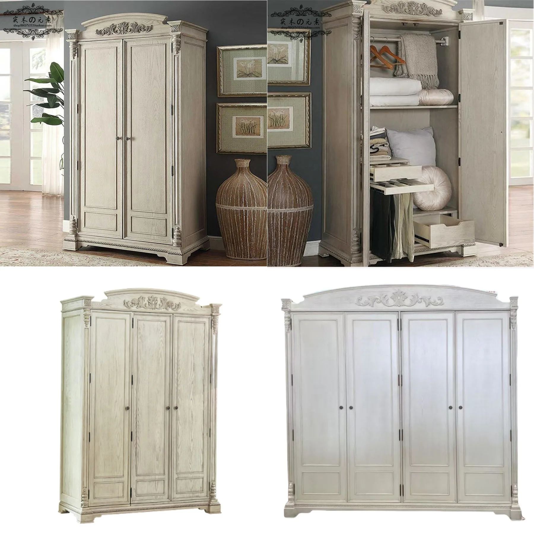 Vintage Solid Oak Wood Wardrobe Hand Carved French Distressed Armoire Bedroom Storage Cabinet Custom Size