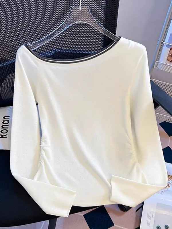 

Модная женская футболка с длинным рукавом Весна 2026: Стильный топ с открытыми плечами, цветными блоками и эффектом утончения талии