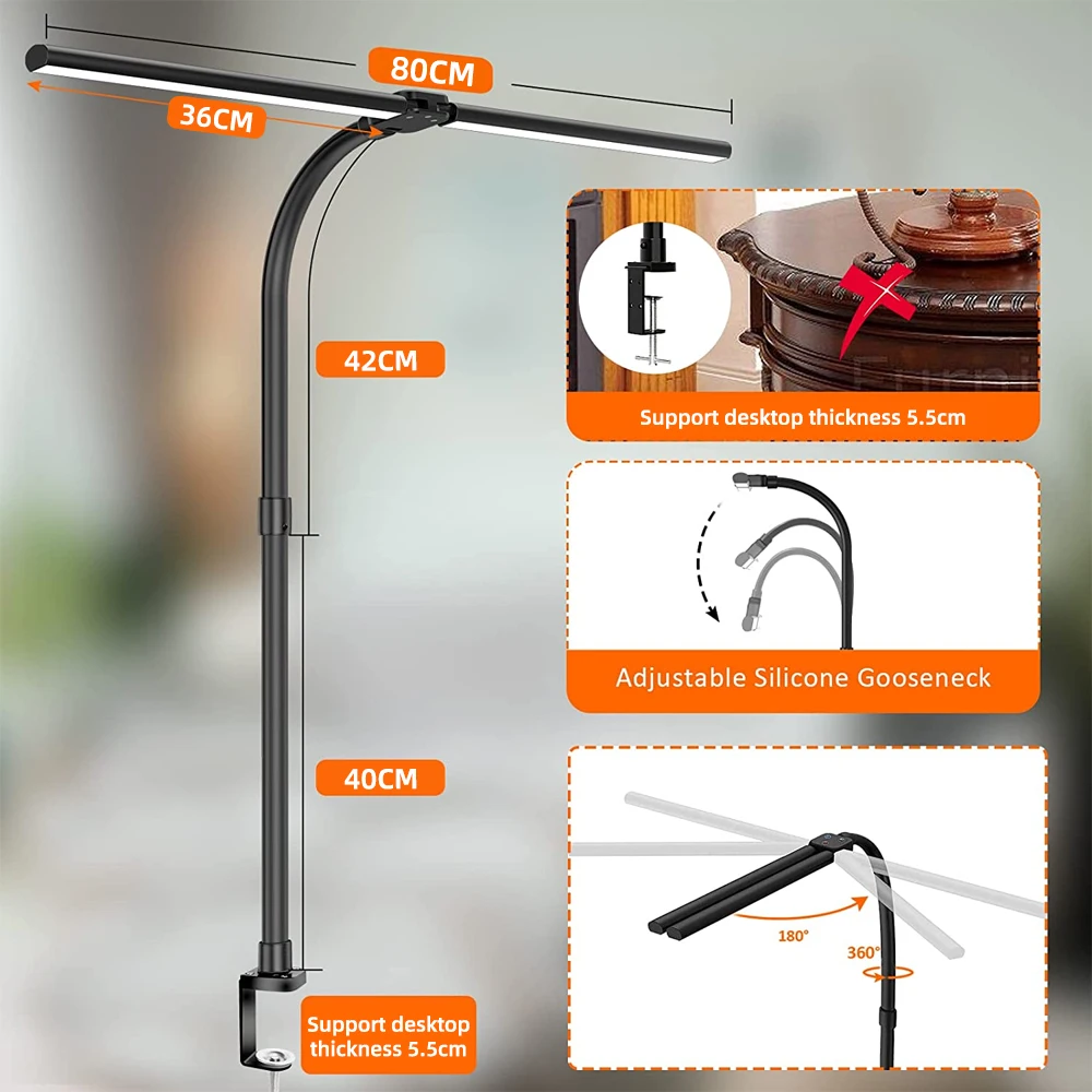 Imagem -04 - Led Cabeça Dupla Lâmpada de Mesa Leitura 24w Dobrável Braço Oscilante Lâmpada Mesa com Clipe Regulável para Estação Trabalho pc Proteção para os Olhos Escritório