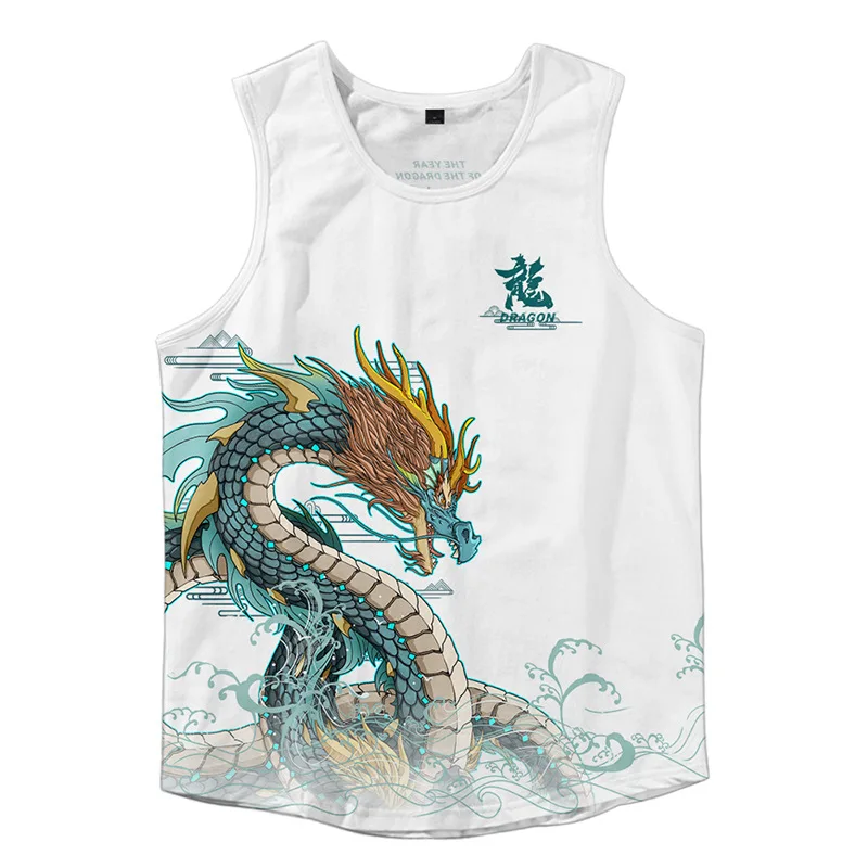 Anime Dragon Print Tank Tops Sleeveless Shirt Sportswear Vest Japanese Casual Singlet Plus Size Mesh Tops Men Gym Clothing