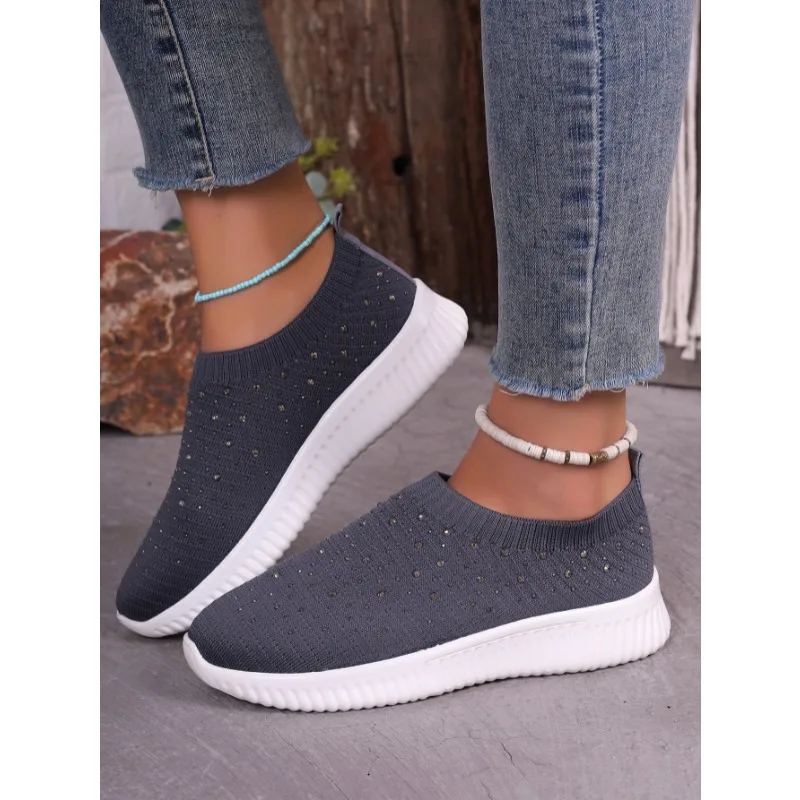 Shiny Crystal Platform Sneakers Women Light Breathable Knitting Sports Shoes Woman 2024 Soft Bottom Non-slip Flats Plus Size 43