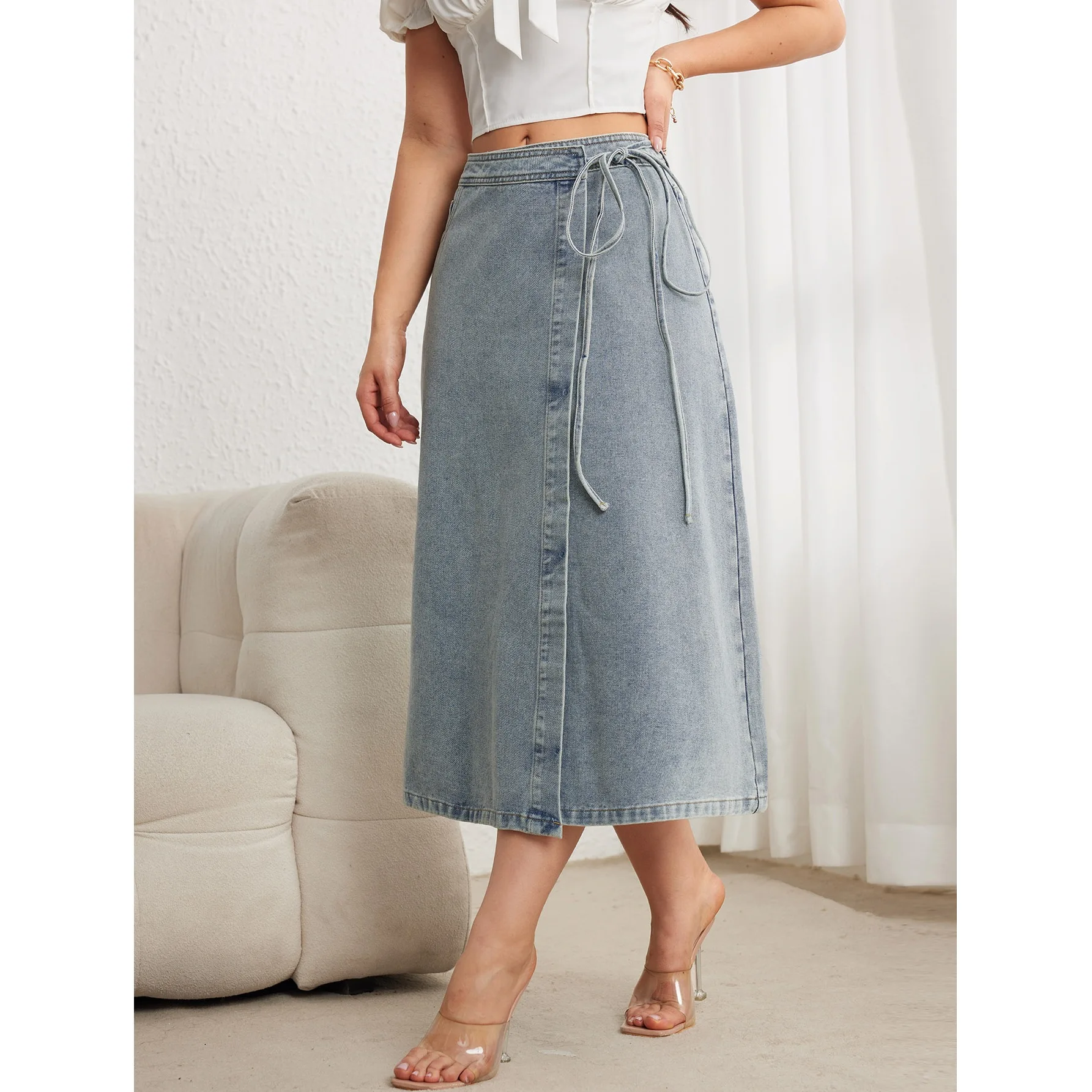 Women Light Blue Wrap Denim Mi - огляд і ціна Denim Skirt Midi Vintage