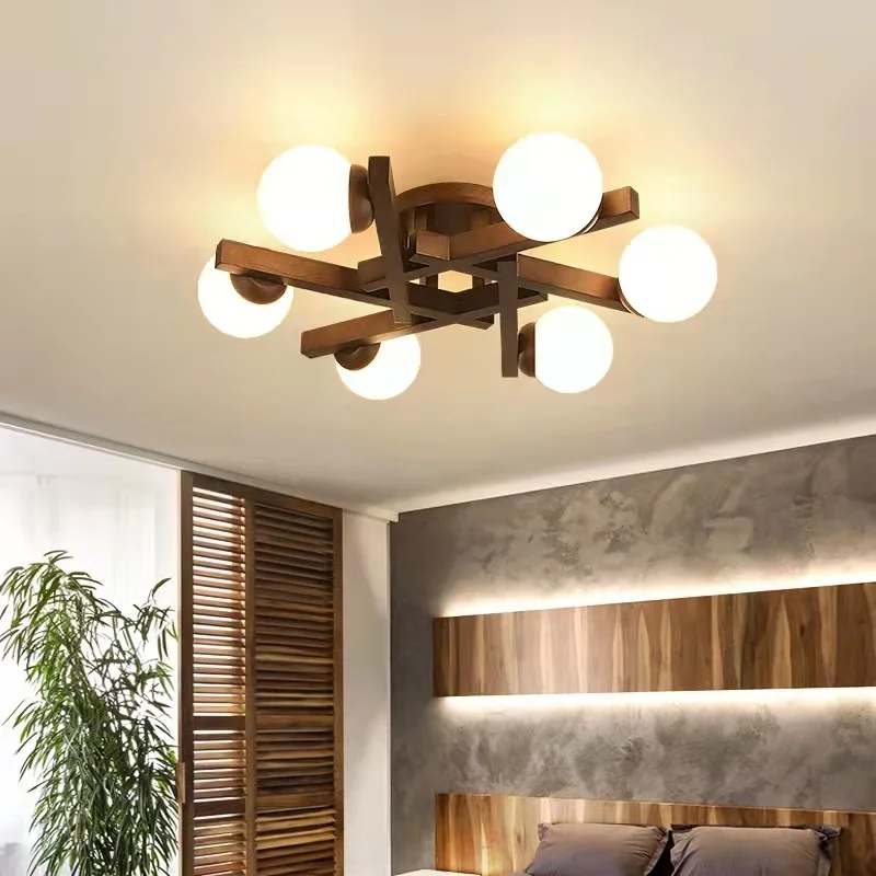 Modern Nordic Style LED Chandelier For Living Room Bedroom Dining Room Kitchen Bar Ceiling Lamp Wood Glass Ball E27 Light