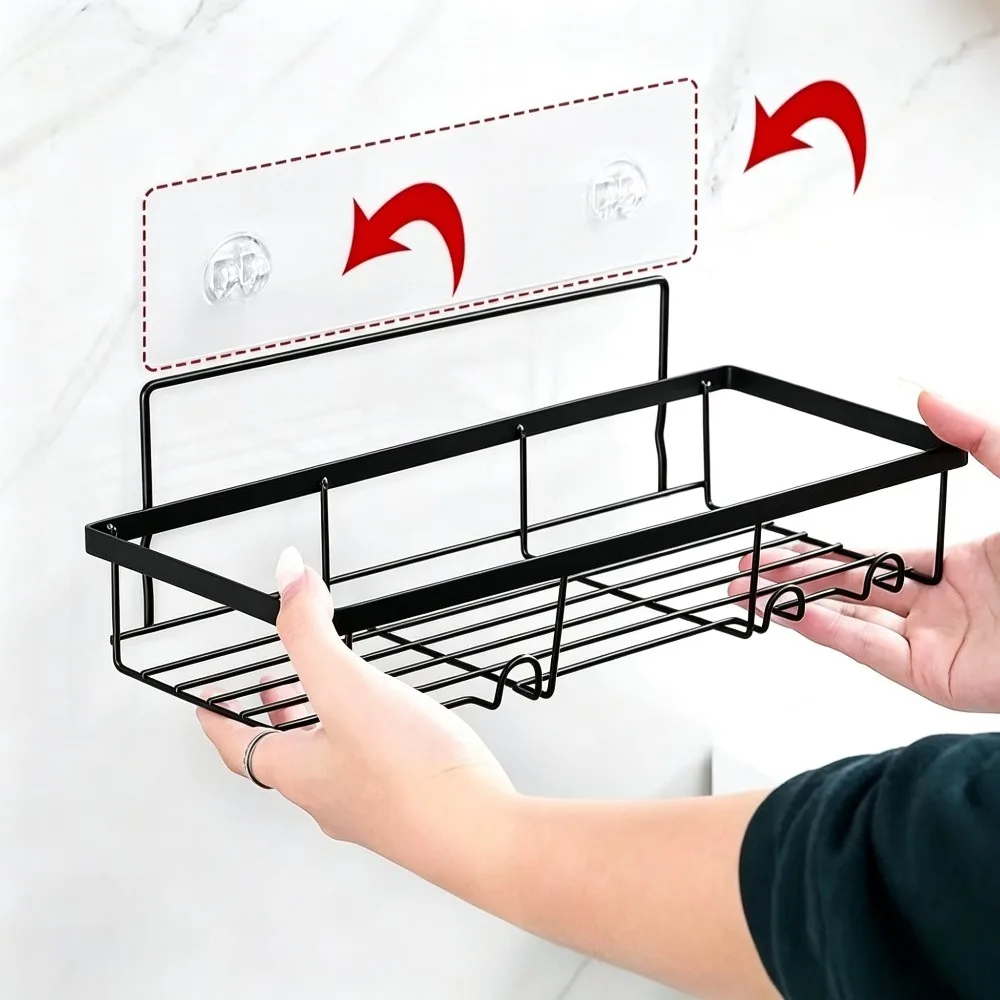 2 Stück Wandmontierte Badezimmerregale ohne Bohren, Duschablage mit Haken, Küchen-Organizer-Korb, Badezimmer-Accessoires