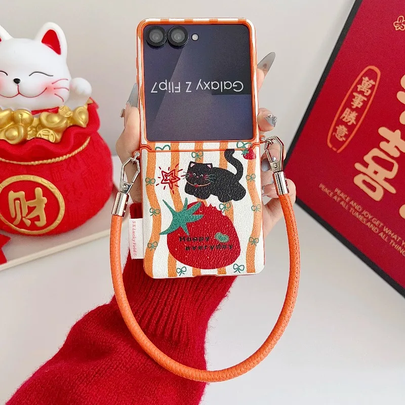 For Samsung Galaxy Z Flip 8 Flip7 6 5G ZFlip5 Case Pu Leather Cute Dachshund Black Cat Hinge Shockproof Cover with Strap Funda
