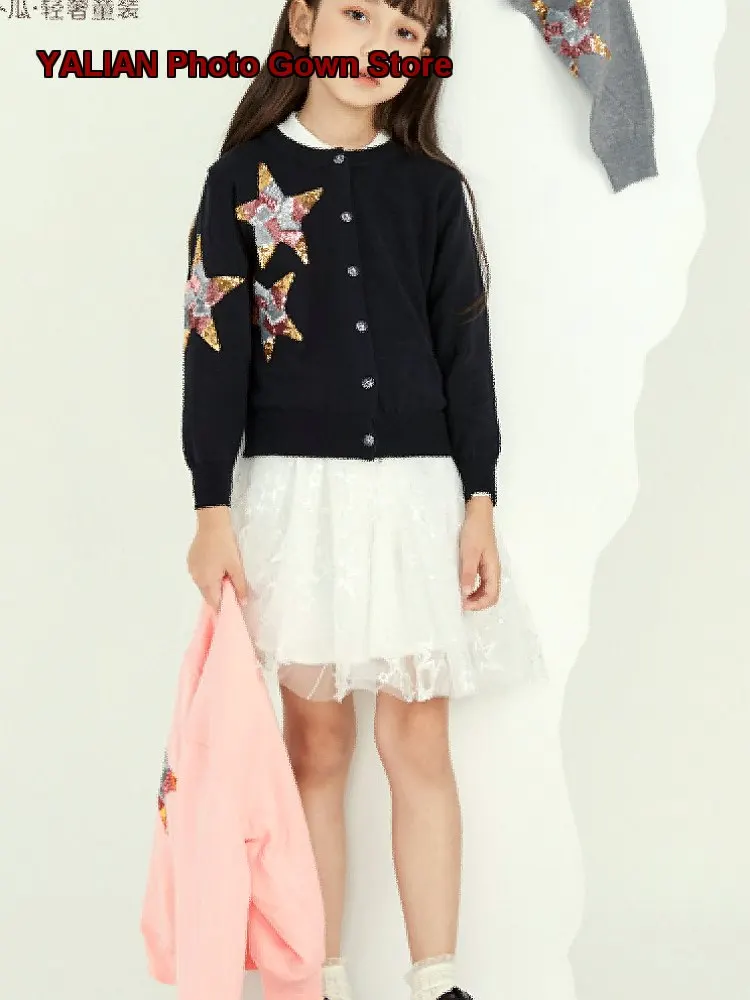 Girls Knit Spring 2026 Pure Cotton Long Sleeves Solid Color Sequin Sweater Coat