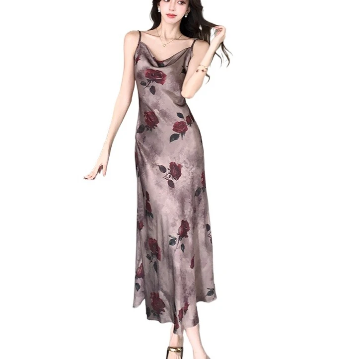 Vestido vintage floral estampado cetim feminino estilo francês vestido longo preguiçoso elegante