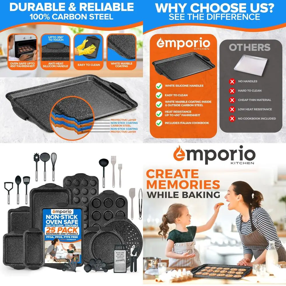 

Nonstick Gray Silicone Handle Bakeware Set with Recipe Booklet, PFOA/PFOS/PTFE Free, Oven Safe to 450°F