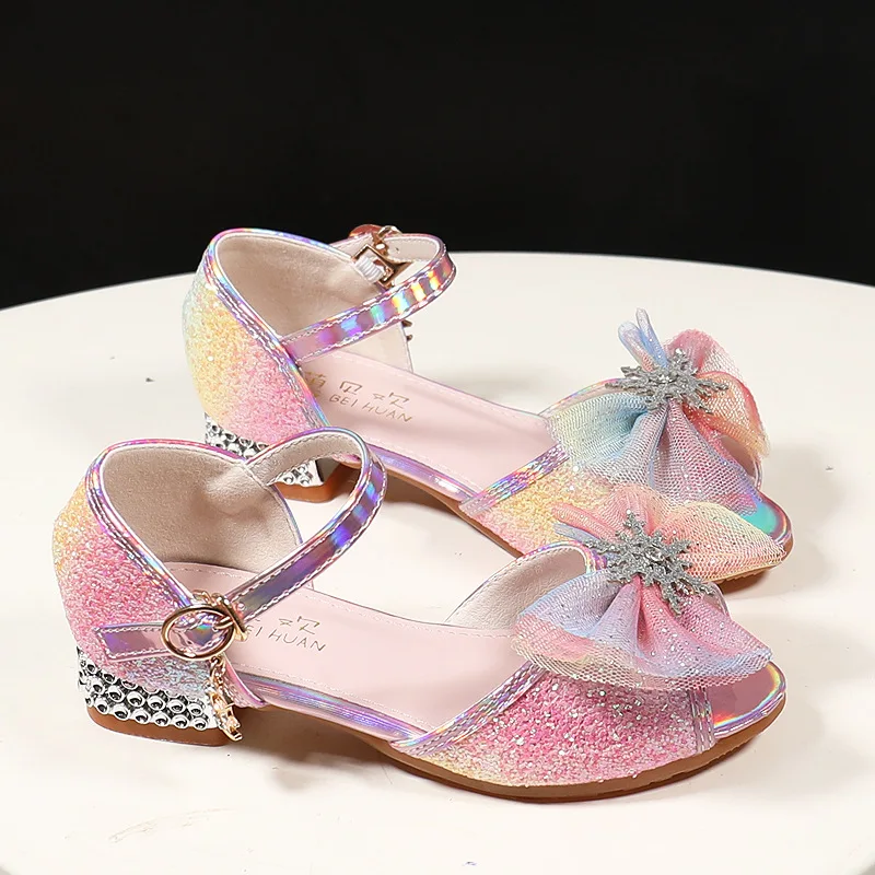 Children's High Heels Princess Girls Party Shoes Colorful Sequins Bowknot Shoe Summer Peep Toe Sandals Kids Performance Shoes