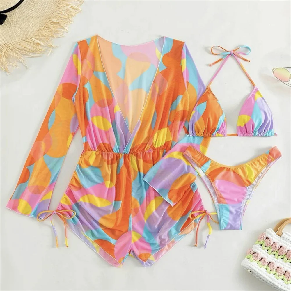Sexy Print Y2k Swimsuit Deep V Long Sleeve Shorts Cover Ups Women 3 Piece Micro String Bikini Set Vacation Swimwear Beach Outfit