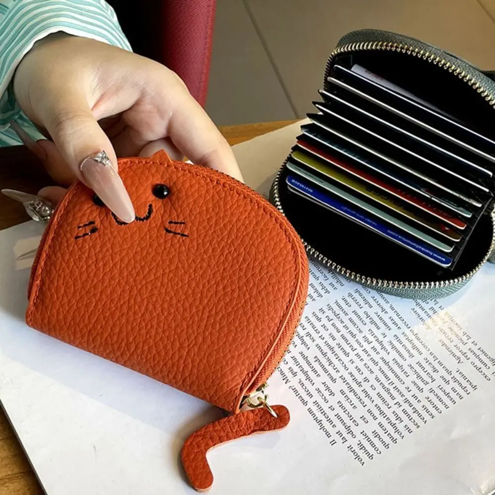 PU Leather Mini Card Wallet Cute Solid Color Cartoon Cat Business Card Case Anti-degaussing Coin Key Storage Bag Women