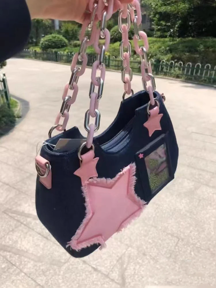 Vintage Denim Shoulder Bag Star For Women Patchwork Color Contrast Crossbody Bag DIY Photo Art Casual Girl Underarm bag