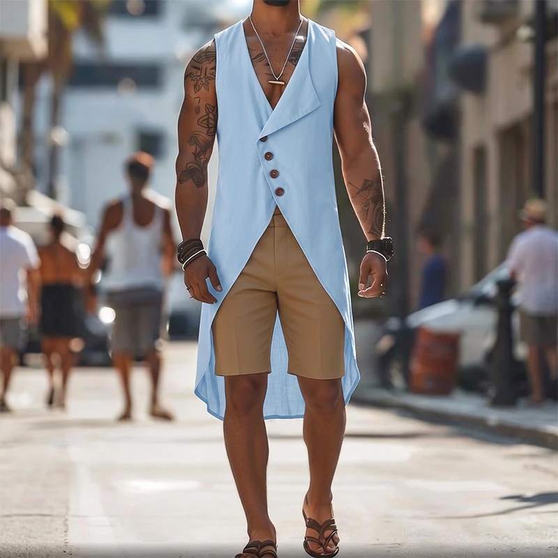 INCERUN Men's Long Style Vests Solid V Neck Sleeveless Button Male Waistcoats Streetwear 2026 Loose Fashion Casual Men Clothes