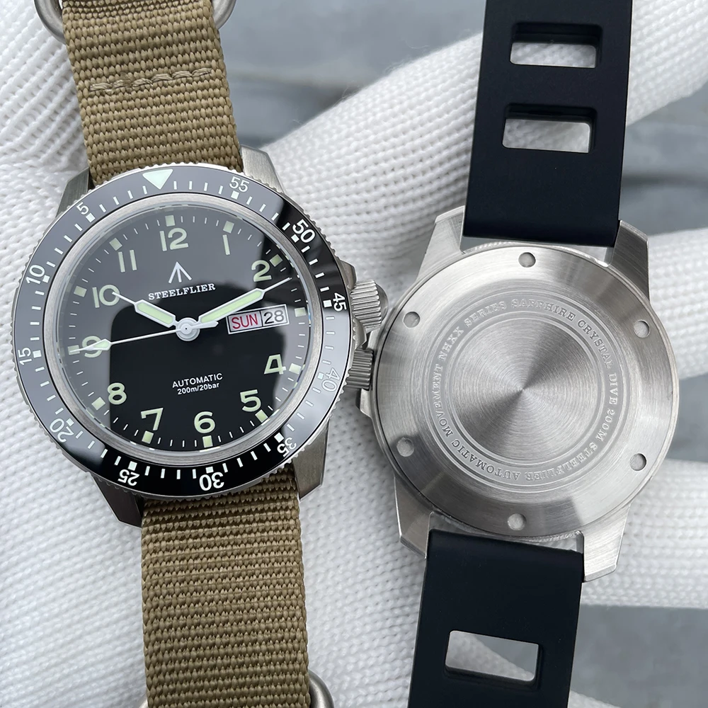 Мужские автоматические часы STEELFLIE Pilot 41 мм, спортивные механические наручные часы для дайвера, 200 м, водонепроницаемые, C3, светящийся сапфир, NH36, дата недели