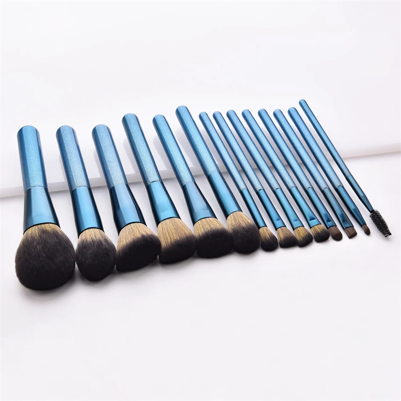 Ensemble de pinceaux de maquillage professionnels pour Blush, 14 pièces, Kit d'outils de Gouache bleu saphir blanc or