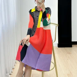 Miyake Print Pleated Dress for Women, Mid Length, Loose and Elegant Dresses, New Clothing, Fashion, Autumn, 2023