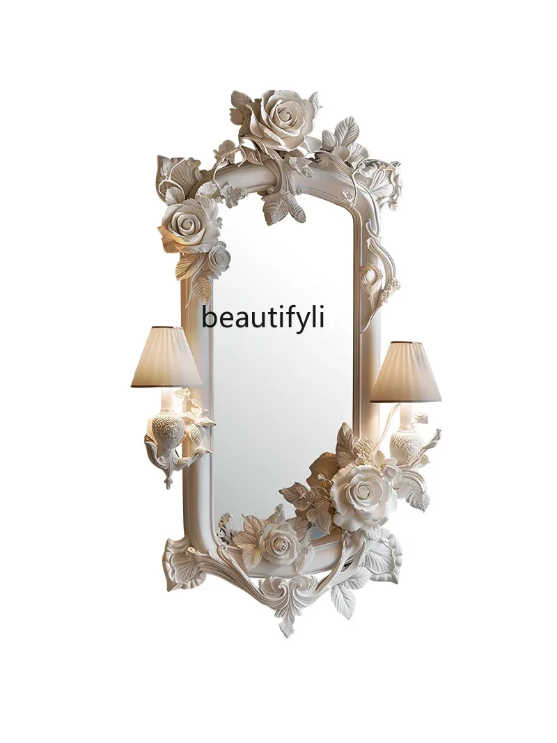 French Carved Half-Length Mirror European Style Living Room Fireplace Decorative Mirror Beauty Salon Cosmetic Mirror with Light