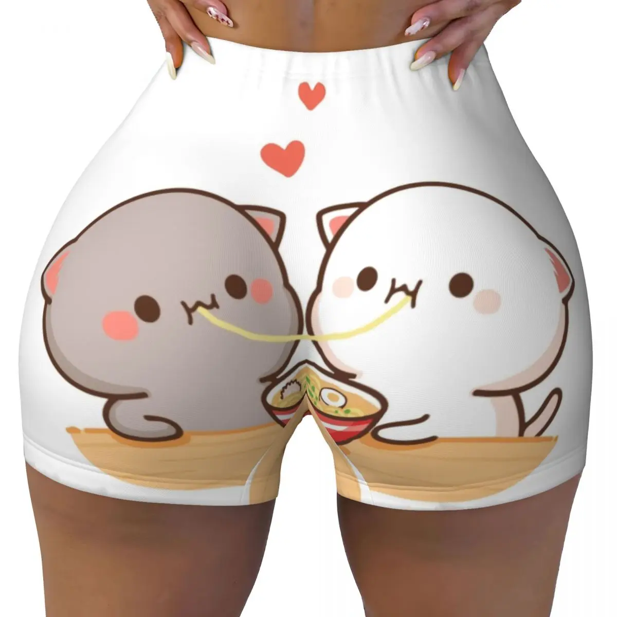 Custom Peach And Goma Mochi Cat Eating Ramen Workout Volleyball Biker Shorts for Women Gym Yoga Shorts