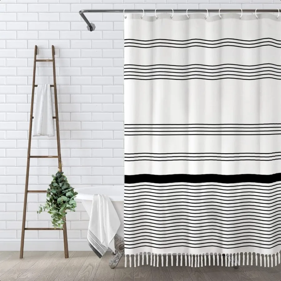 

Black and White Boho Shower Curtain for Bathroom Stripe Tassel Shower Curtain 72 X 72 Inches Farmhouse Cotton