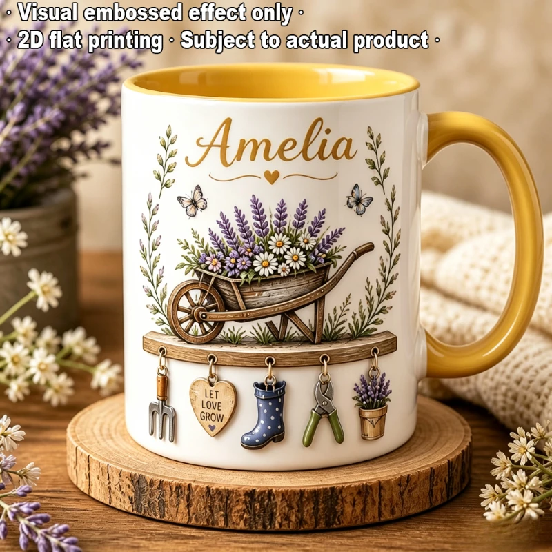 11oz Ceramic Mug Personalized Name Garden Floral 2D Printing Embossed Effect Coffee Cup Gift for Women Mom Birthday Valentine's