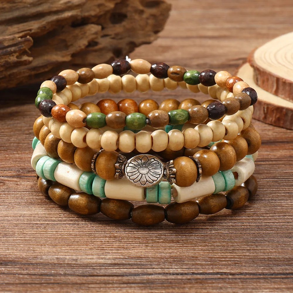 Retro-Farbige Holzperlen-Mehrschicht-Armband-Set, Böhmische Blumen-Stretch-Armbänder für Männer, Hip-Hop-Schmuck, Mode-Accessoires – Detail 1