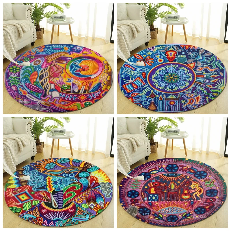 Marakame Hikuri Deer Snake Eagle Spiritual Meaning Huichol Print Mexican Folk Art Religious Culture Round Carpet