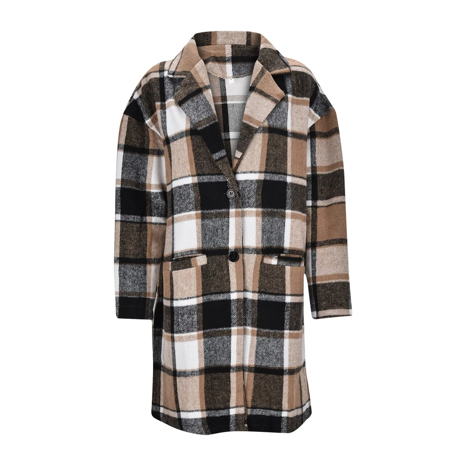 Women's Plaid Shacket Jacket Casual Button Lapel Wool Blend Trench Coat with Pockets Long Sleeve Checked Woolen Coat Outerwear