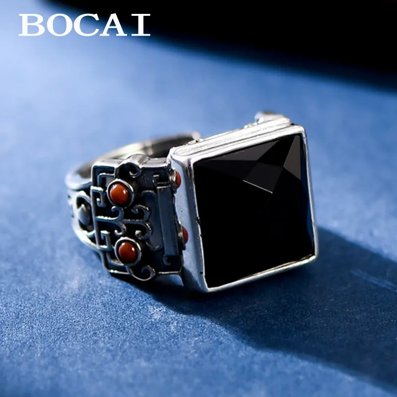 

BOCAI S925 Sterling Silver Retro Ethnic Style Black Agate Square Ring for Men Personalized Fashionable and Exquisite Gift