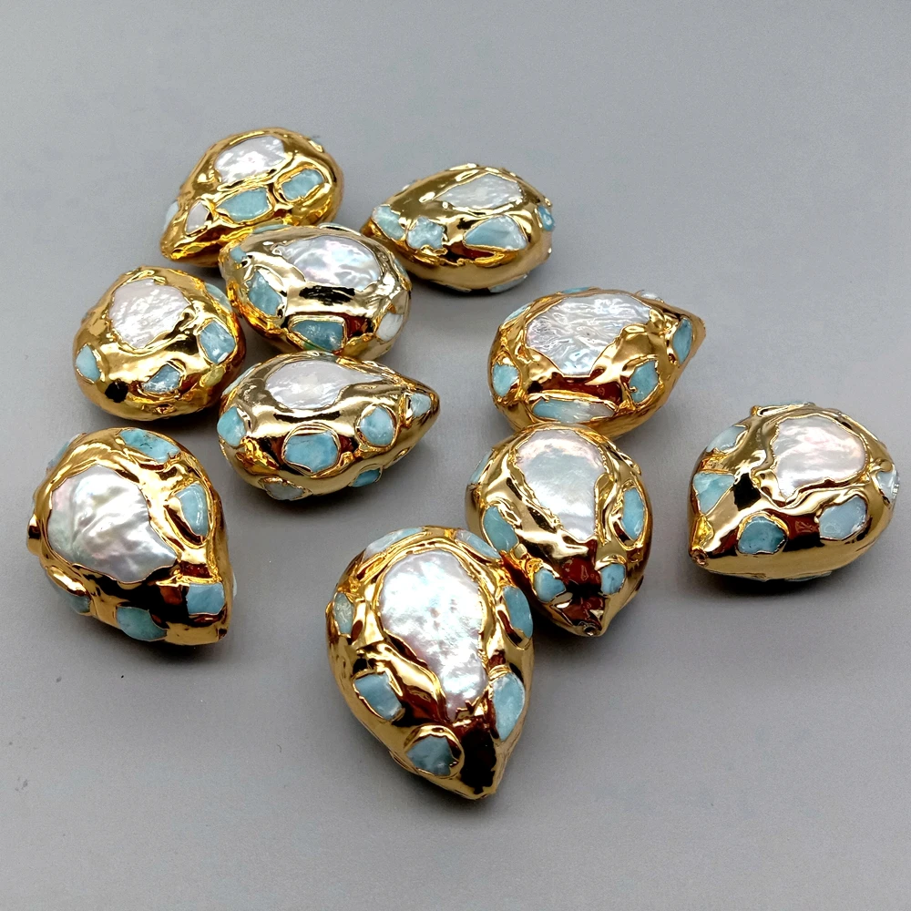 5 Pcs 23x25mm teardrop shape Natural Blue Amazonite chips pave  keshi Pearl pave With Gold plated edged loose beades