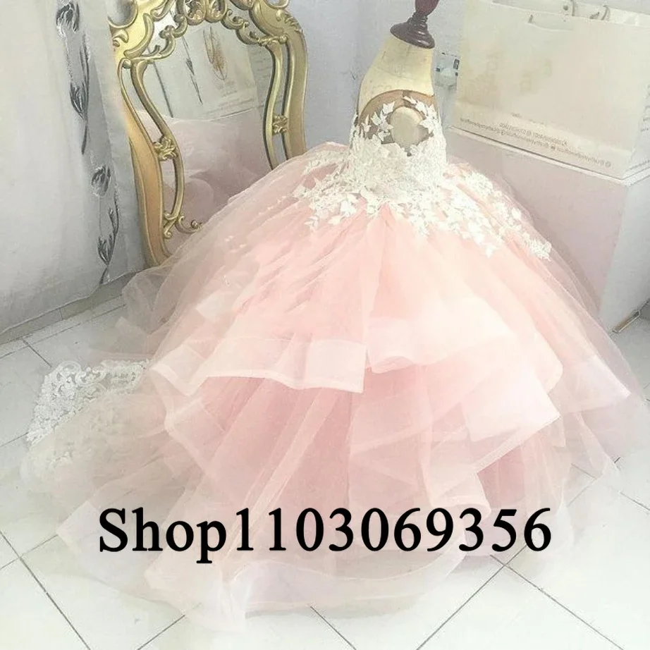 Girls Wedding Birthday First Communion Party Dress Pink Lace Flower Girl Dress Sheer Neck Tiers Sleeveless Little Kids Princess