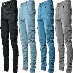 European Station Leisure Trendy Men's Elastic Multi Pocket Leggings Slim Fit denim Workwear Popular