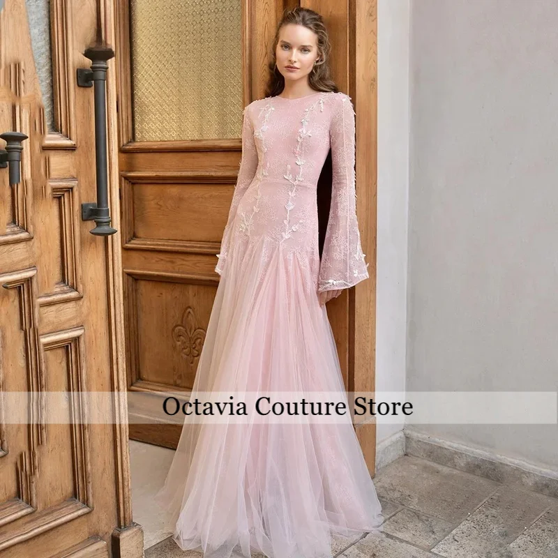 

Pink Lace Appliqeus Evening Dresses O Neck A Line Formal Occasion Dress Women Elegant Maxi Prom Gowns Customized