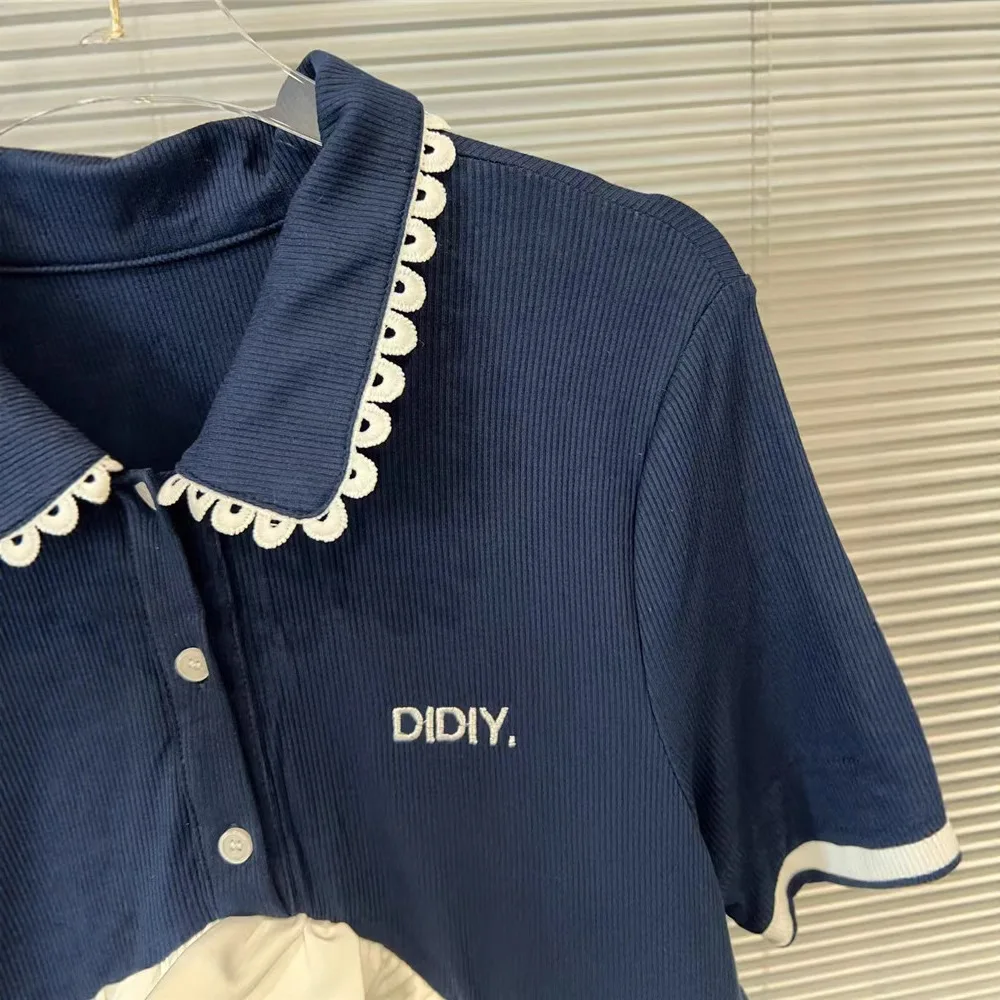 Primavera e verão novo estilo spice girl fino versátil emenda em camadas malha fofa de manga curta topo roupas femininas t camisa