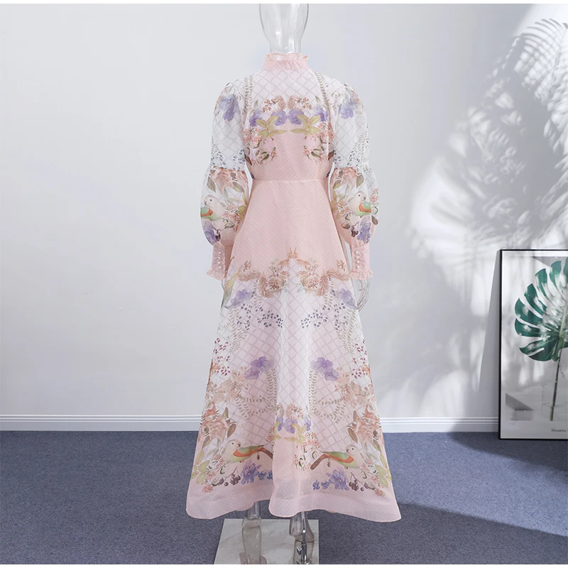 Elegant Floral Printed Women's Dress Stand Collar Full Puff Sleeve A-line Long Dresses 2026 Summer Vacation Party Lady Robes