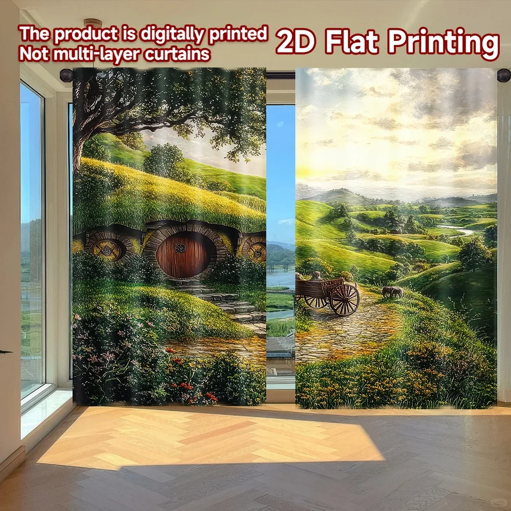 

2D flat printing 2pcs Window Treatment Curtains Countryside Hobbit House Digital Printed Polyester Drapes Family Party for Photo