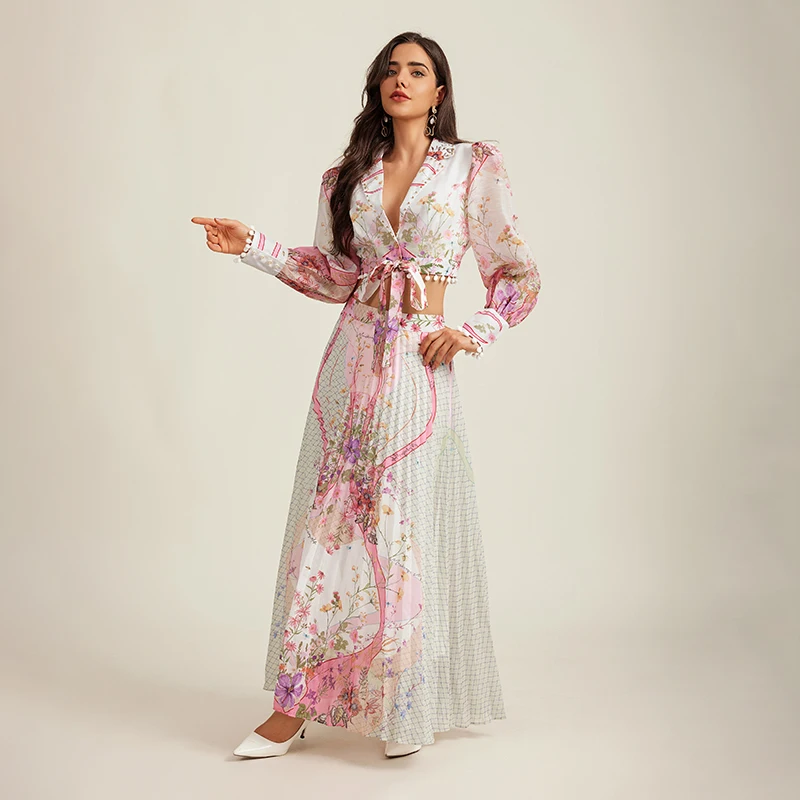 Summer Holiday Maxi Two Piece Set Vintage Women Beaded Notched Lace UP Flower Print Linen Short Shirt + Pleated Long Skirt Suit