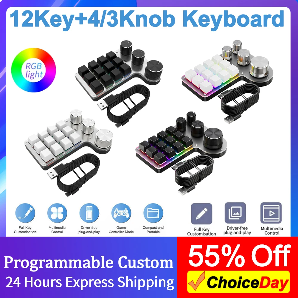 Wireless Bluetooth Programming Macro Custom Knob BT Keyboard RGB 12 Key Hot Swap Shortcut Key Button Mechanical Gaming Keypad