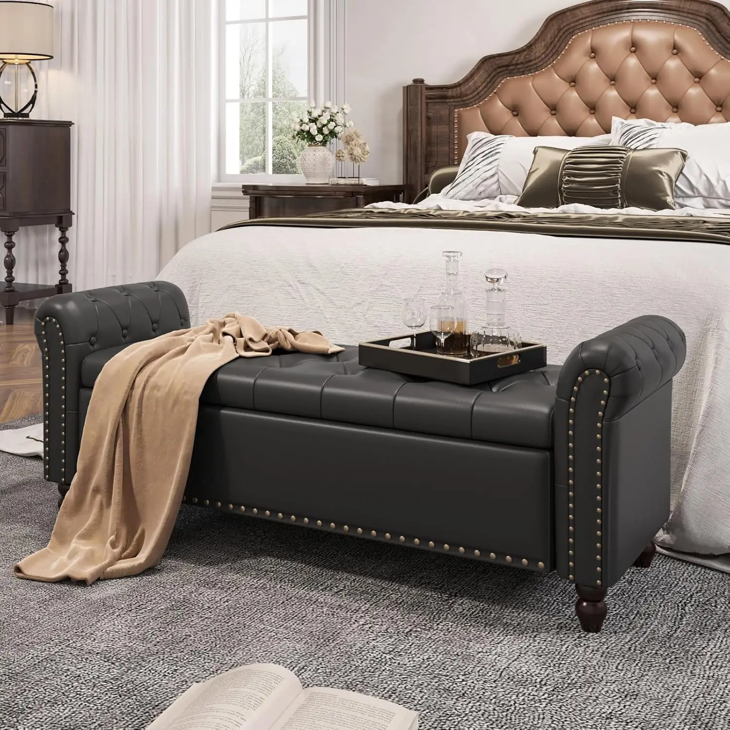 Vabches Faux Leather Storage Ottoman Bench Upholstered Button Tufted Storage Bench with Rolled Arm&Nailhead Trim for Living Room